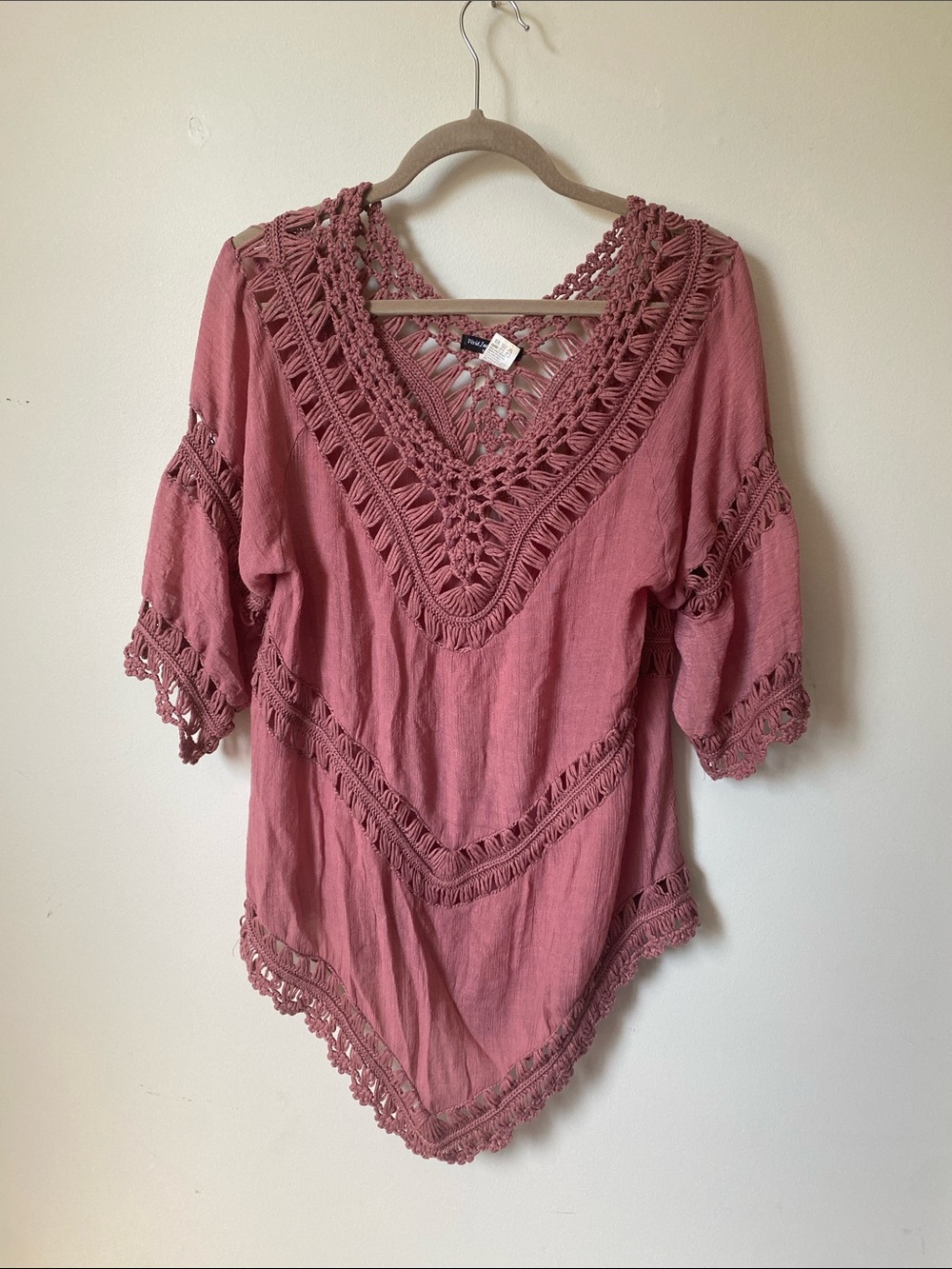 Crochet V-Neck Tunic Top in Dusty Rose